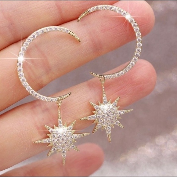 New Diamond Gold , Silver Moon Star Drop Earrings - Picture 1 of 4